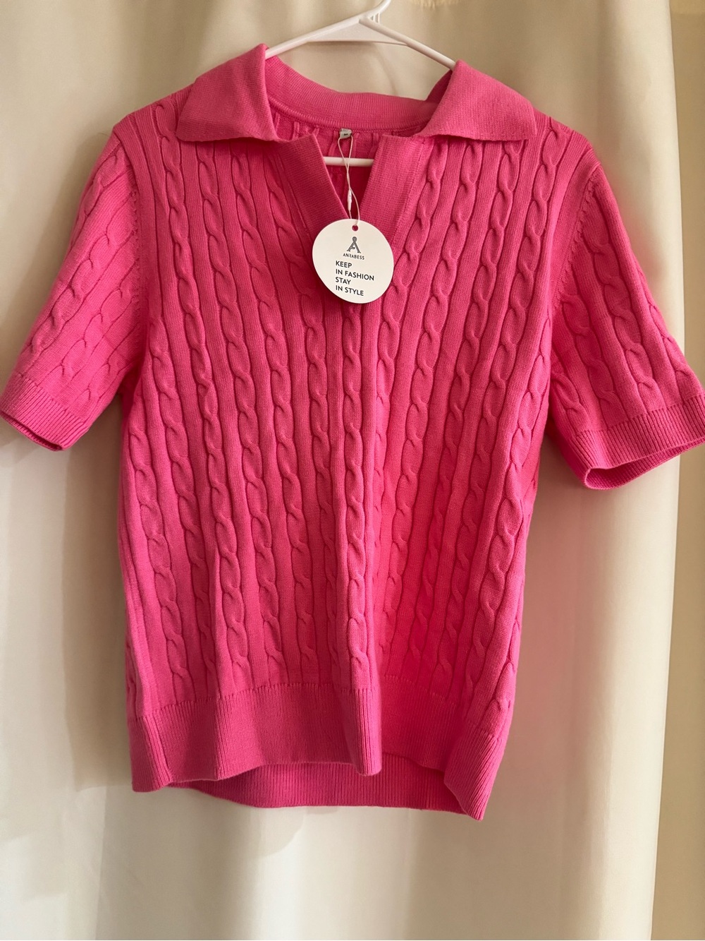 Bright Pink Cable-Knit Polo Sweater - Anrabess NWT